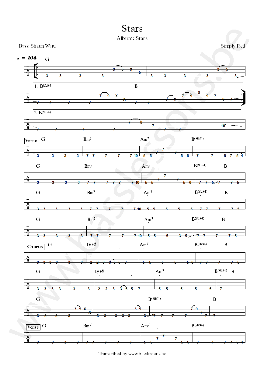 Simply red stars Shaun Ward bass tab