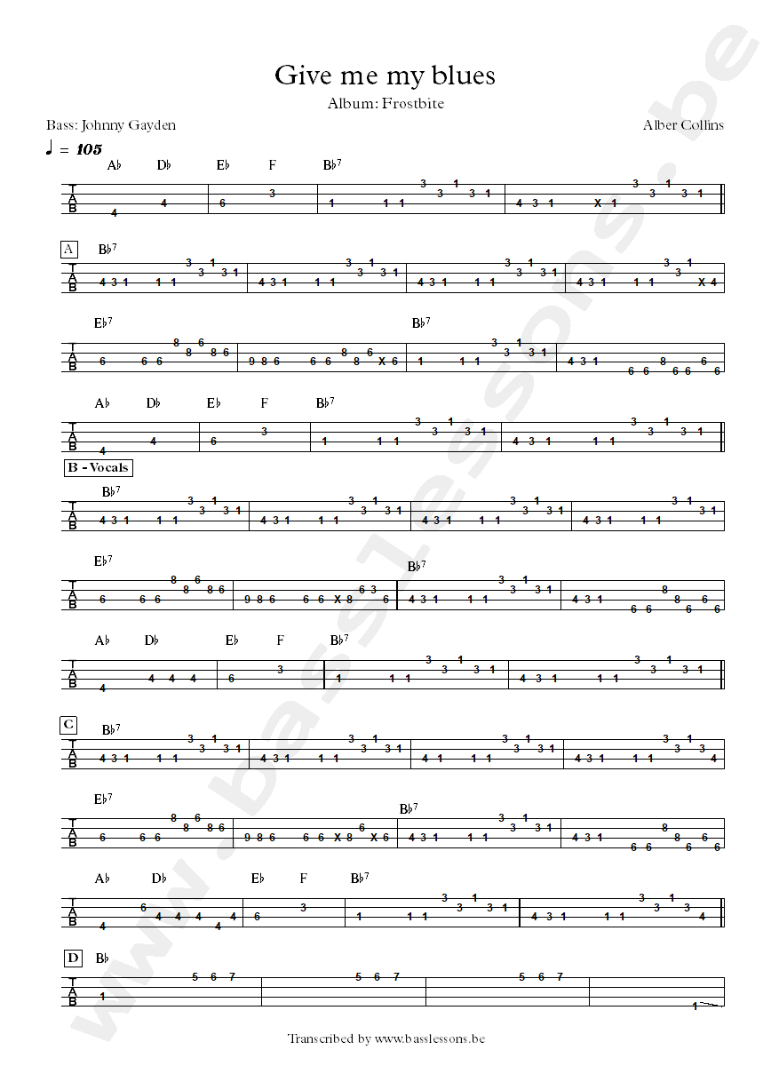 Albert Collins Give me my blues bass tab