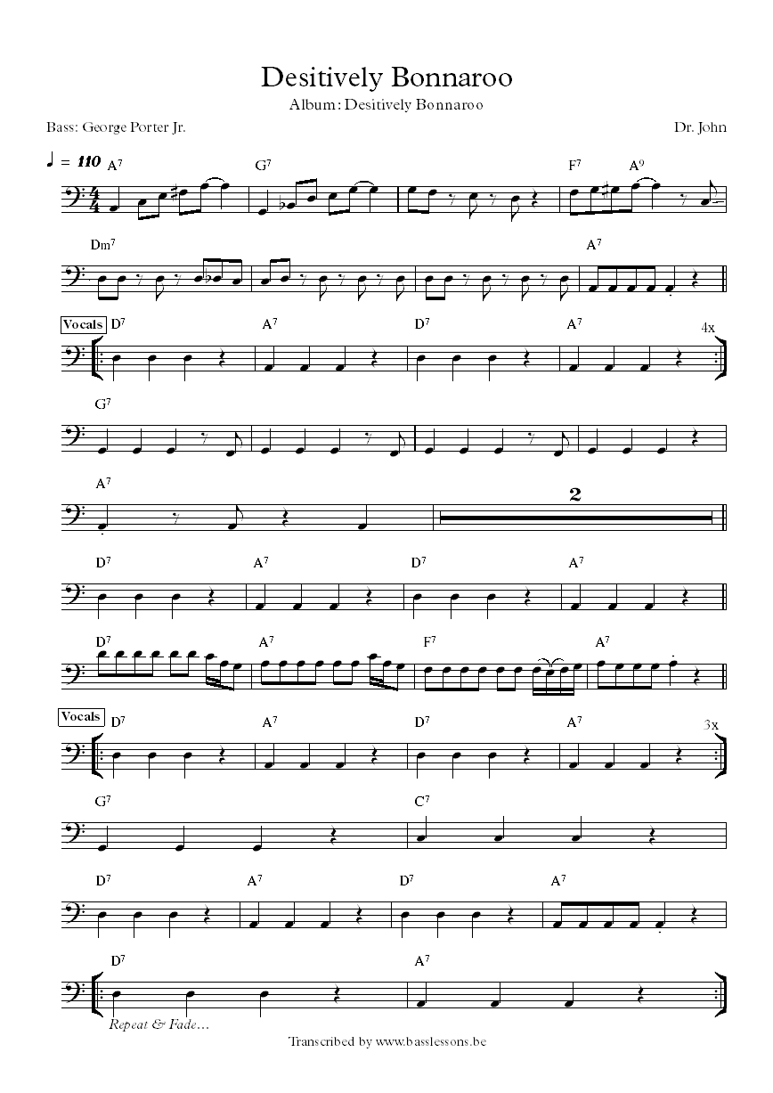 Dr. John Desitively Bonnaroo George Porter Jr. bass transcription