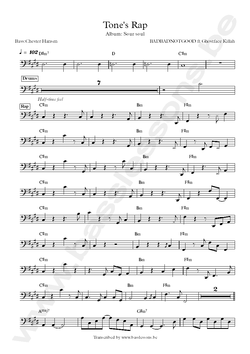 BADBADNOTGOOD ft Ghostface Killah - tones rap bass transcription