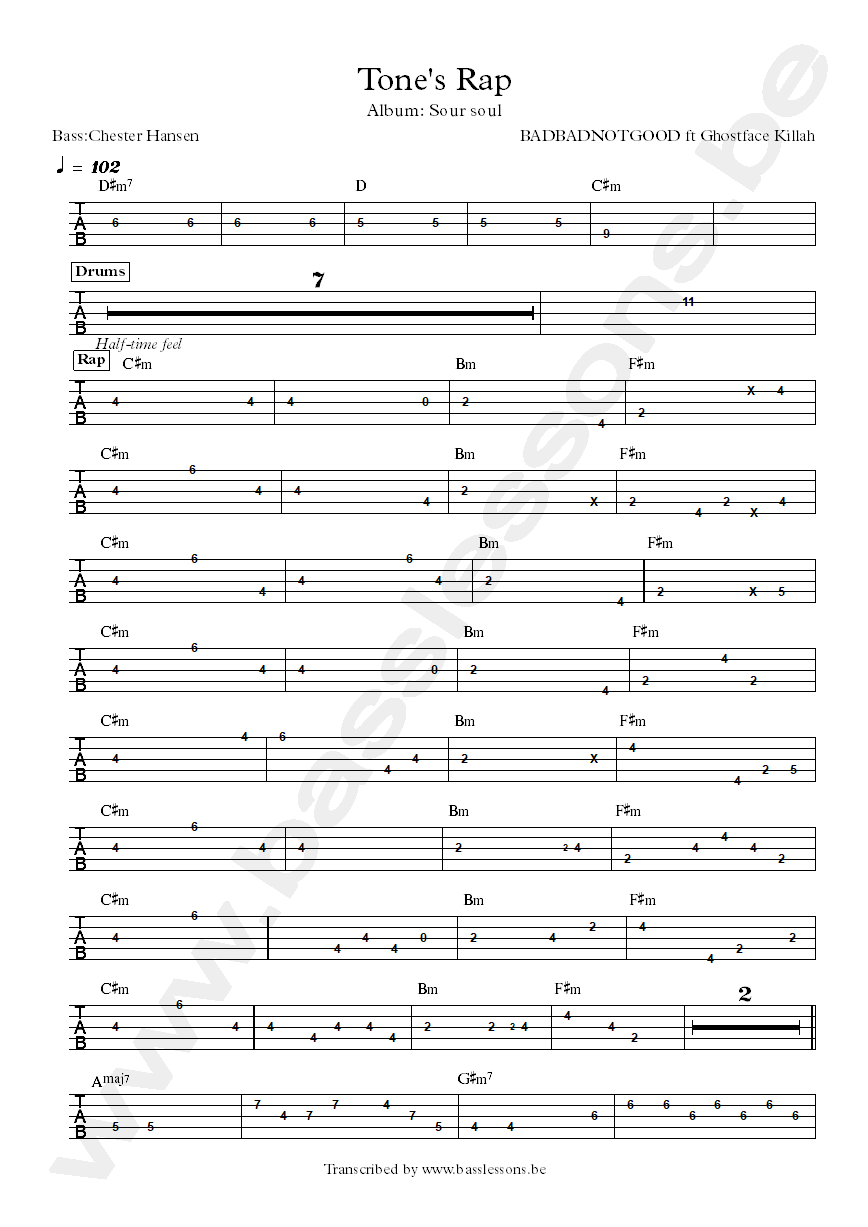 BADBADNOTGOOD ft Ghostface Killah - tones rap bass tab