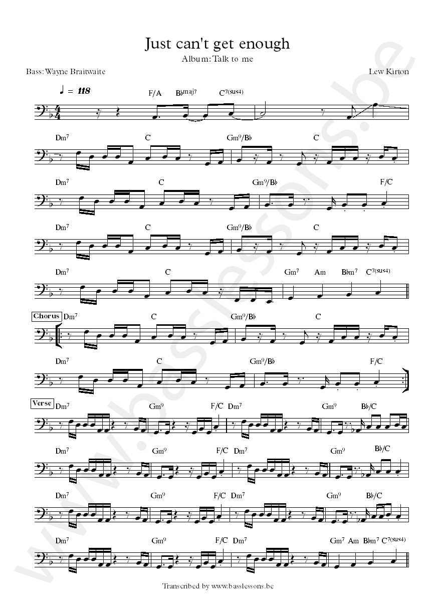 Lew Kirton Just cant get enough Wayne Braitwaite bass transcription