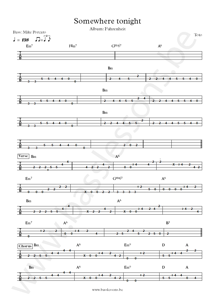 Toto Somewhere tonight Mike Porcaro  bass tab