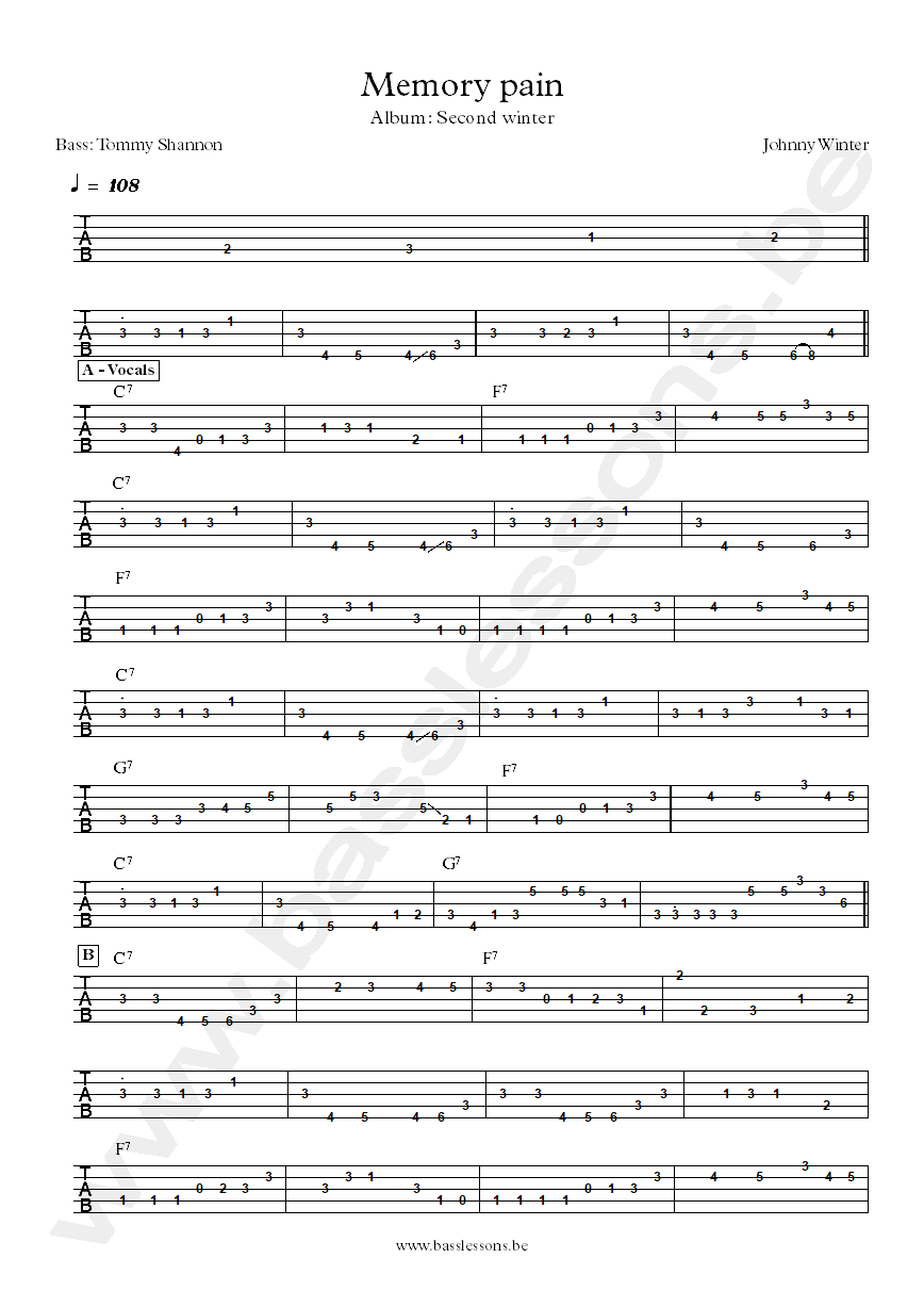 Johnny Winter Memory pain Tommy Shannon bass tab