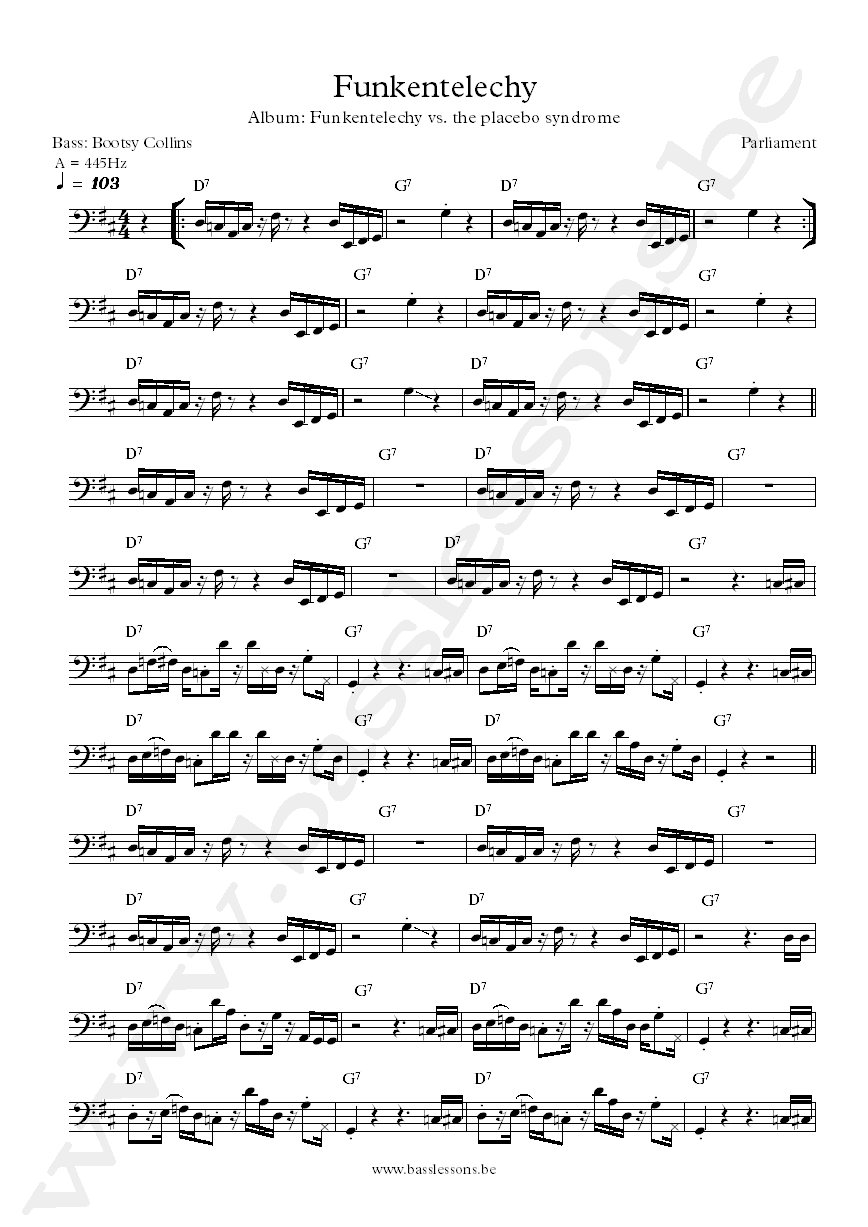 Parliament Funkentelechy Bootsy Collins bass transctiption