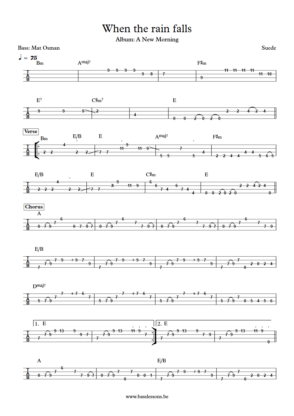 Suede When the rain falls Mat Osman bass tab