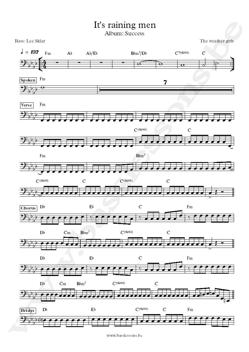 The weather girls It's raining men Lee Sklar bass transcription