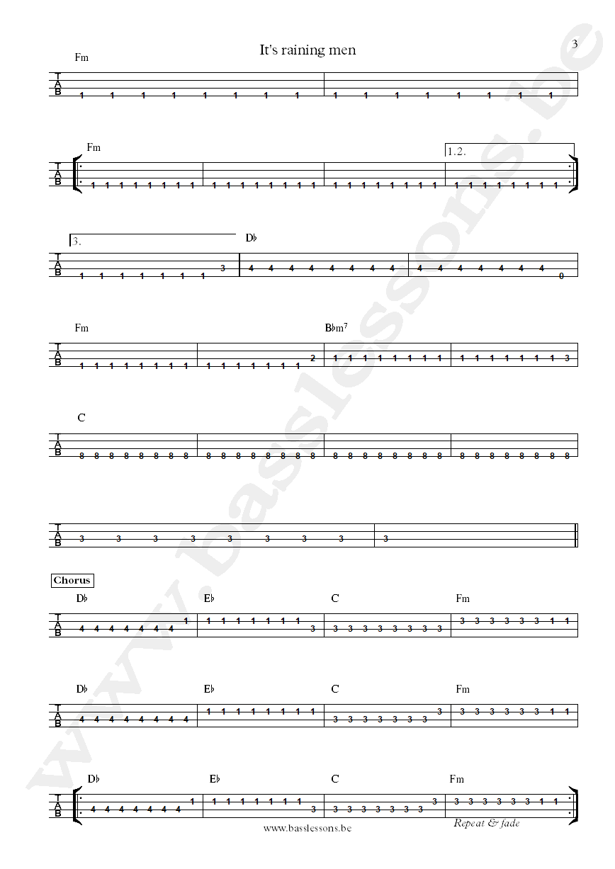 The weather girls It's raining men Lee Sklar bass tab part 3
