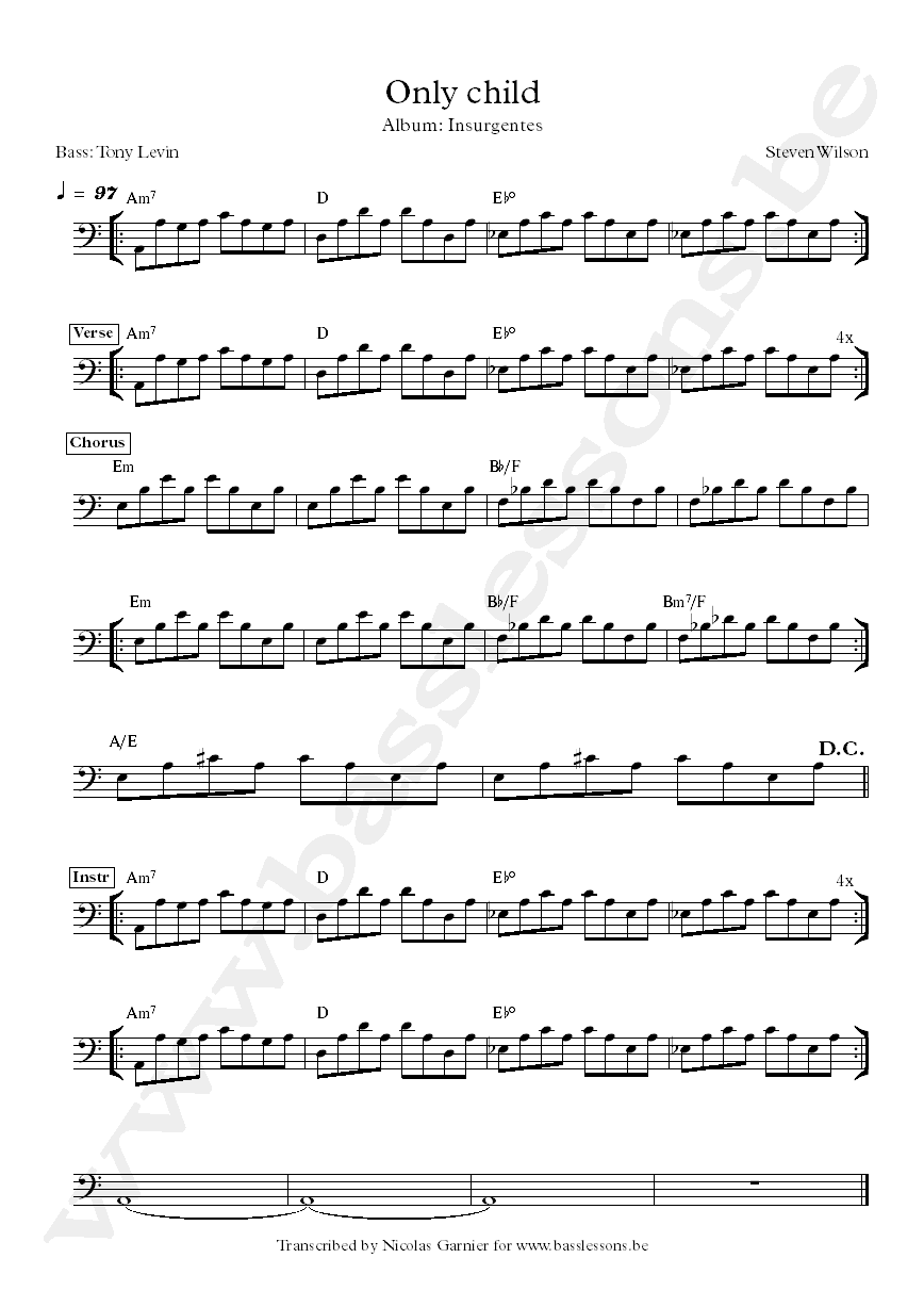 Steven Wilson Only child Tony Levin bass transcription