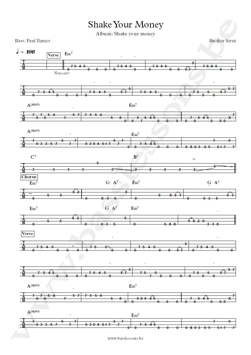Brother Strut Shake your money Paul Turner bass tab