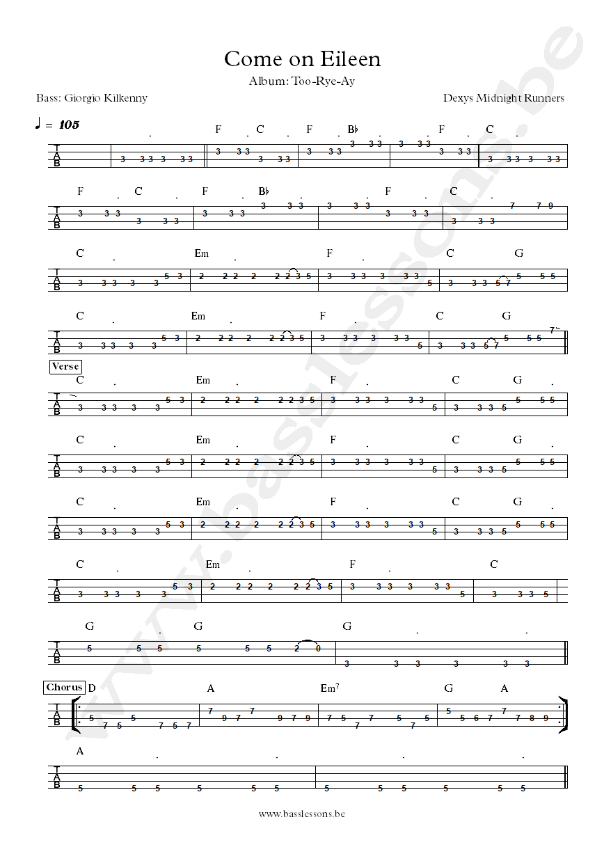 Dexys Midnight Runners Come on Eileen Giorgio Kilkenny bass tab