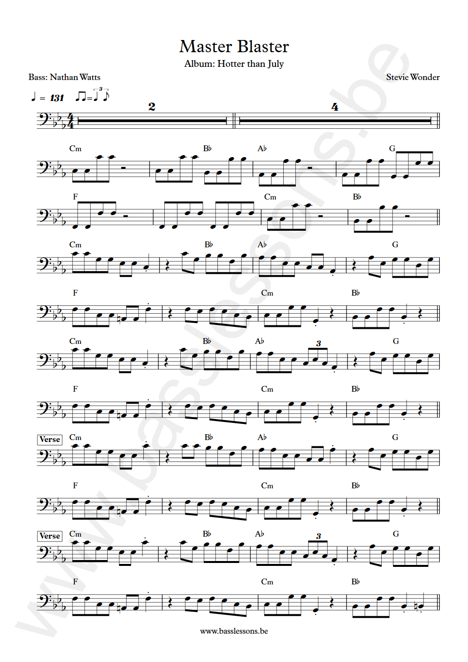 Stevie Wonder Master Blaster Nathan Watts Bass Transcription