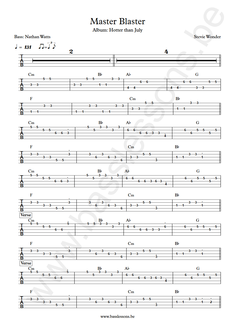Stevie Wonder Master Blaster Nathan Watts Bass Tab