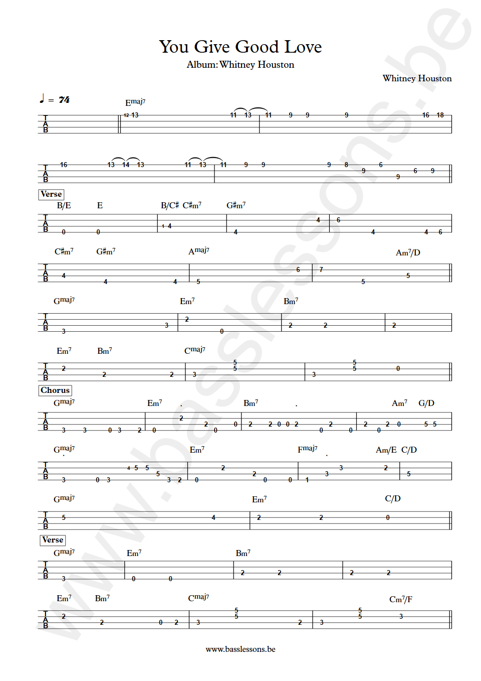 Whitney Houston You give good love bass tab