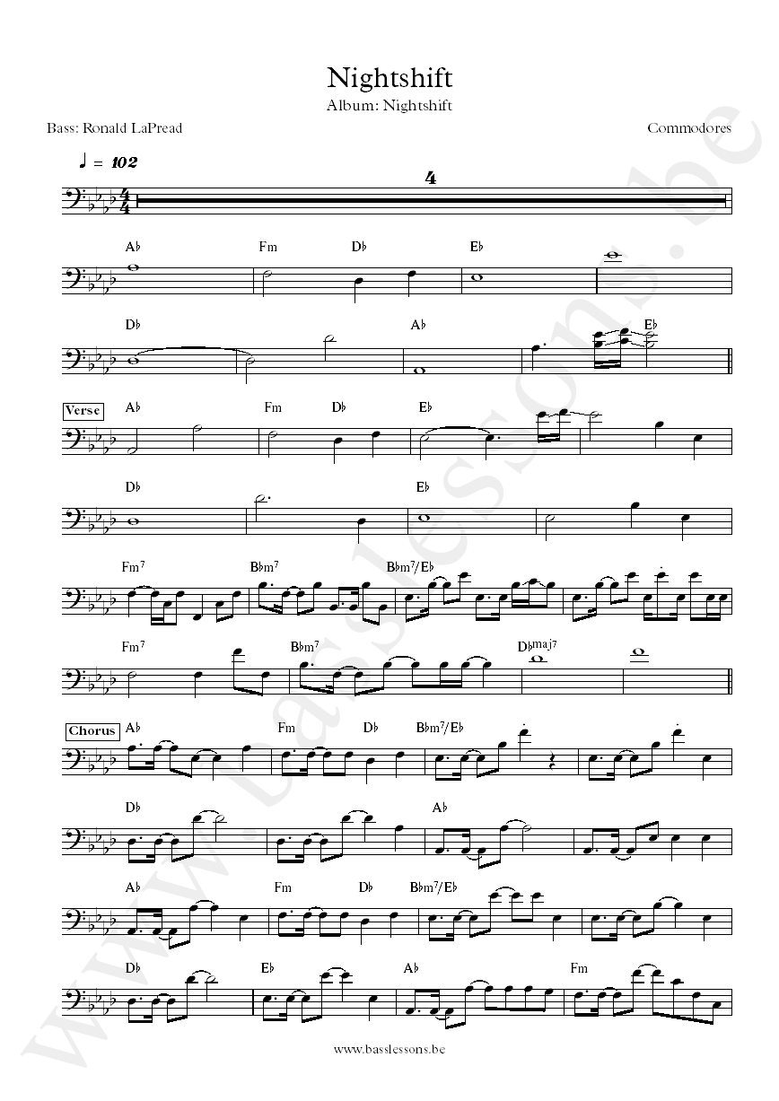 Commodores Nightshift Ronald LaPread bass transcription