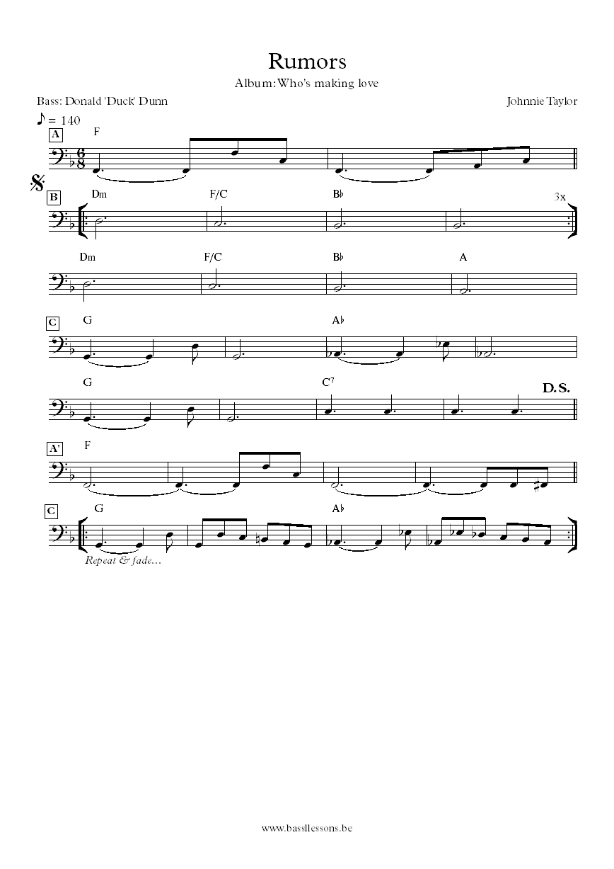 Johnnie Taylor Rumors Donald Duck Dunn bass transcription