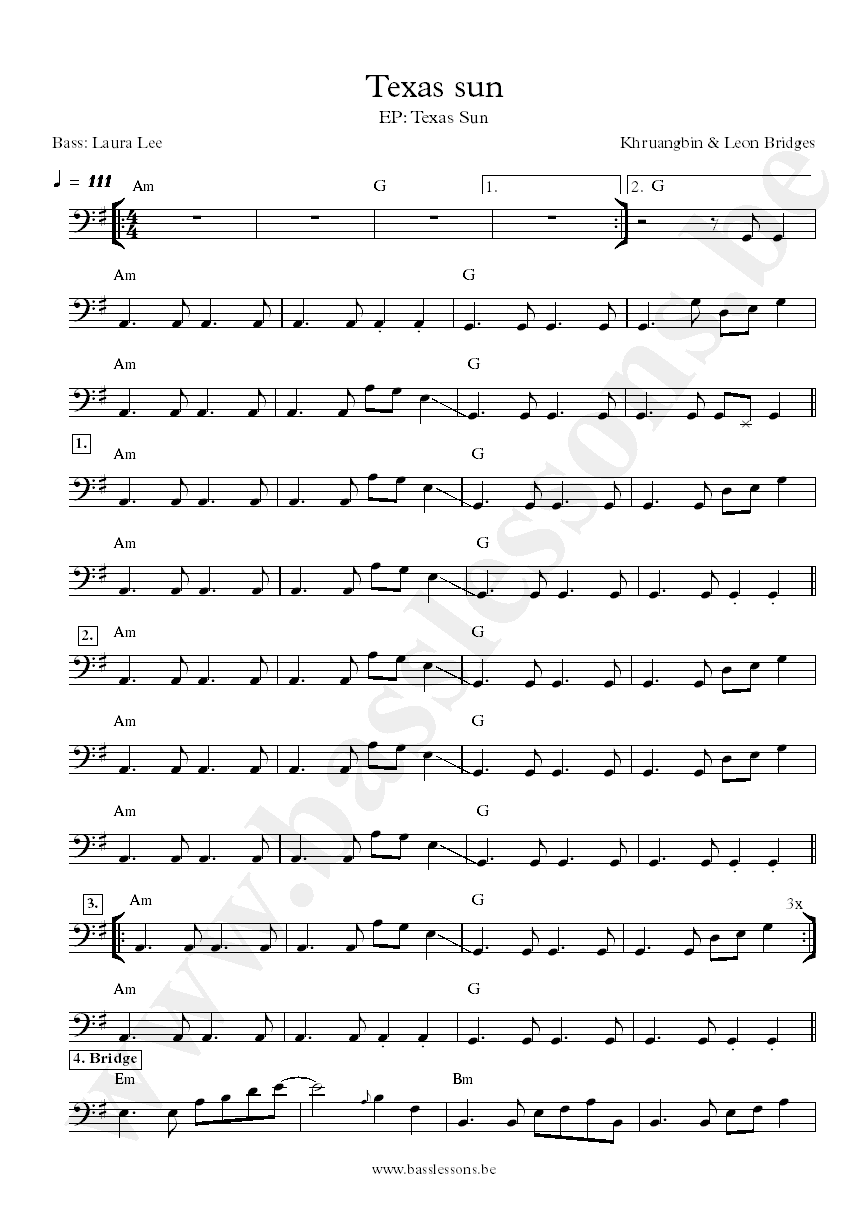 Khruangbin with Leon Bridges Texas Sun Laura Lee bass transcription