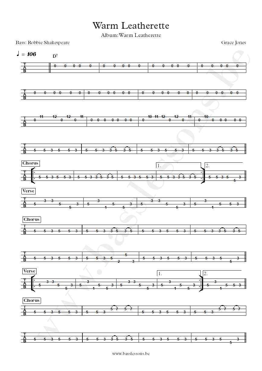 Grace Jones Warm Leatherette Robbie Shakespeare bass tab