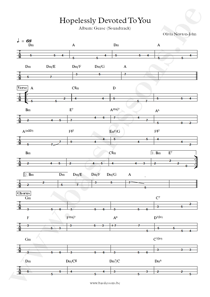 Olivia Newton-John Hopelessly Devoted To You bass tab