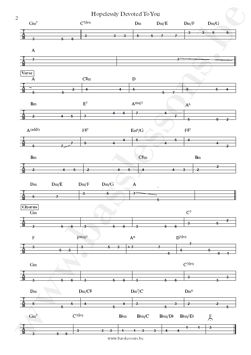 Olivia Newton-John Hopelessly Devoted To You bass tab part 2