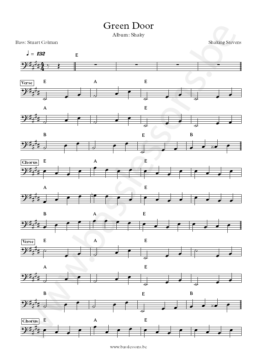 Shaking Stevens Green door Stuart Colman bass transcription