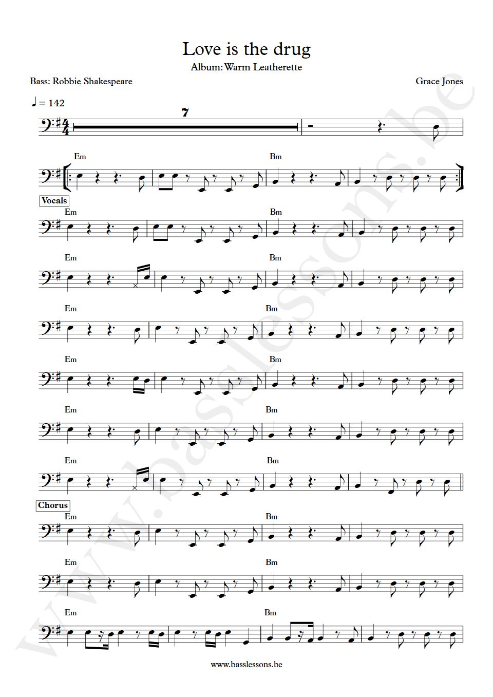 Grace Jones Love is the drug Robbie Shakespeare bass transcription