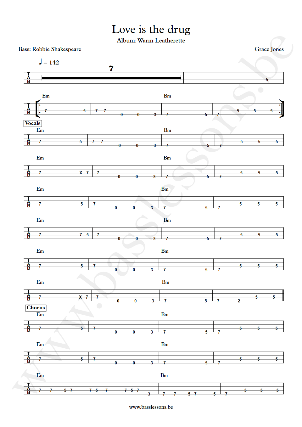 Grace Jones Love is the drug Robbie Shakespeare bass tab