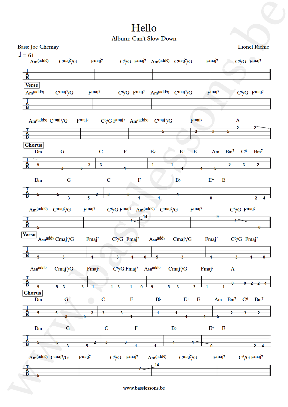 Lionel Richie Hello Joe Chemay  bass tab