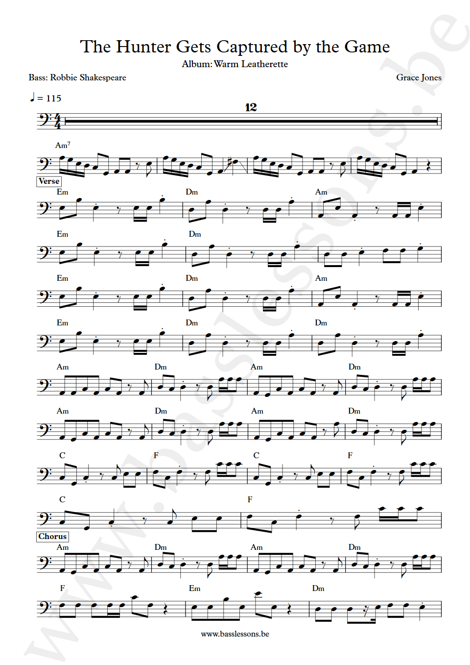 Grace Jones The Hunter Gets Captured Robbie Shakespeare bass transcription