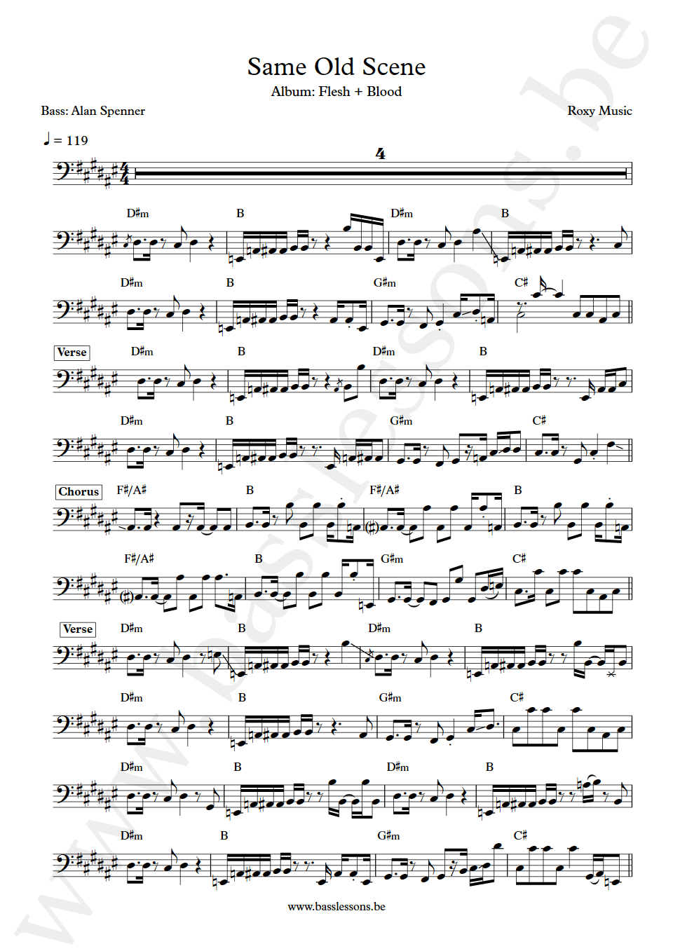 Roxy Music Same Old Scene Alan Spenner bass transcription