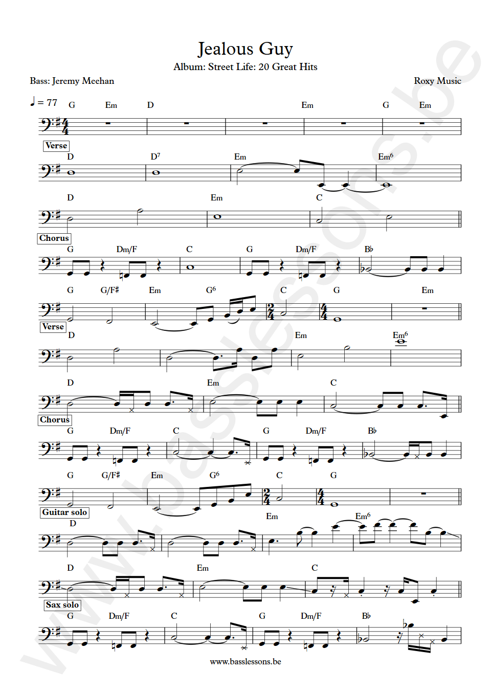 Roxy Music Jealous Guy Jeremy Meehan bass transcription