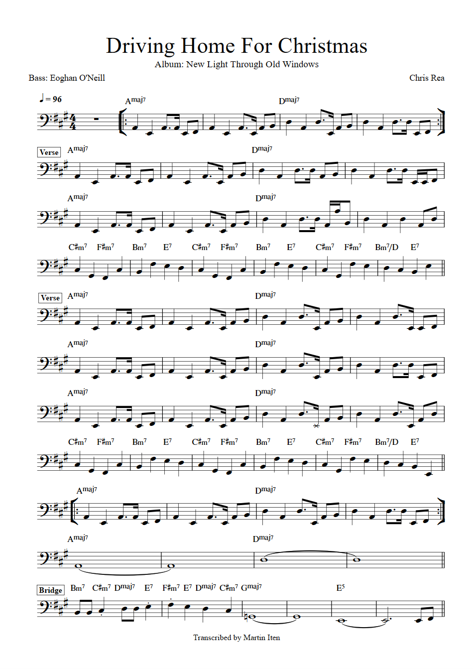 Chris Rea Driving Home for Christmas bass transcription