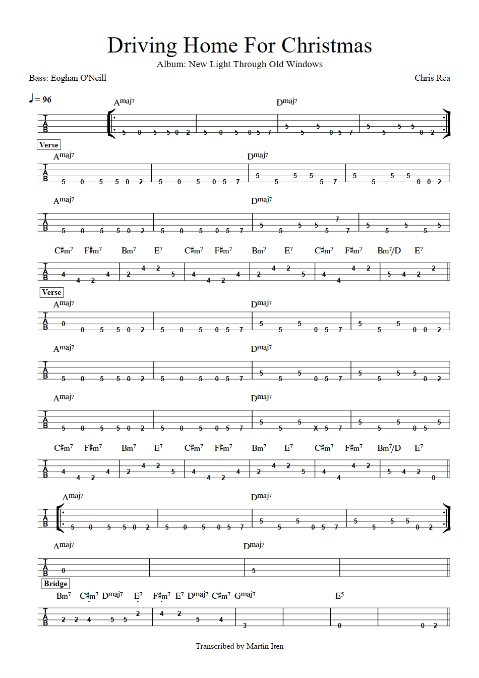 Chris Rea Driving Home for Christmas bass tab