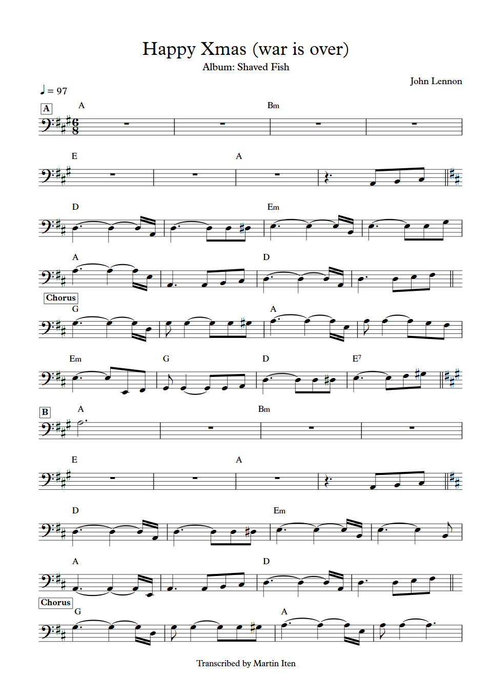 John Lennon Happy Xmas (War Is Over) bass transcription