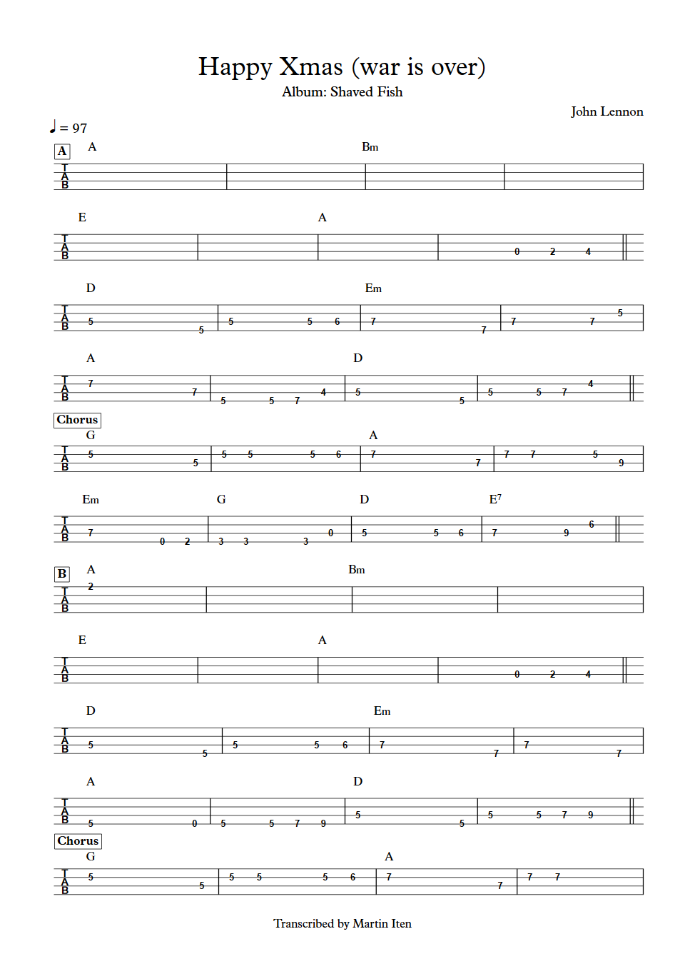 John Lennon Happy Xmas (War Is Over) bass tab