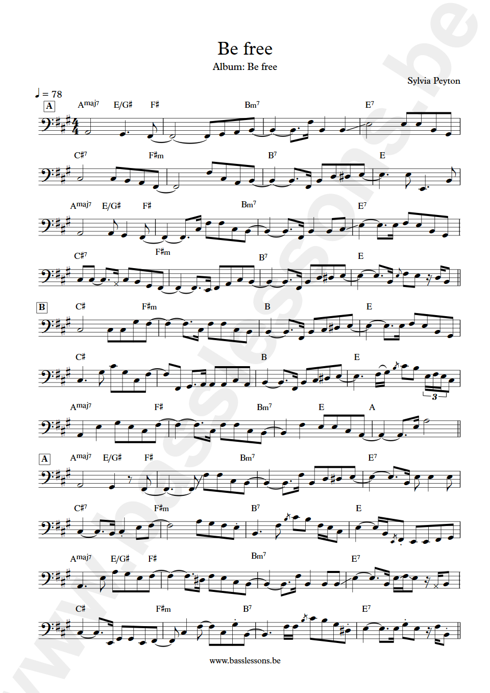 Sylvia Peyton be free bass transcription