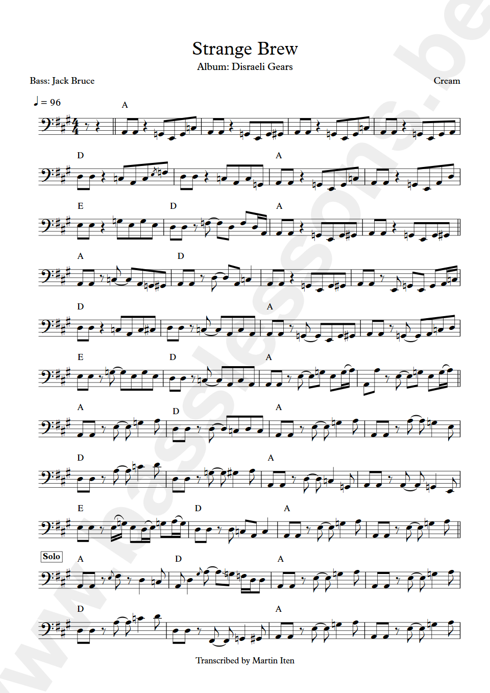 Cream Strange Brew Jack Bruce bass transcription