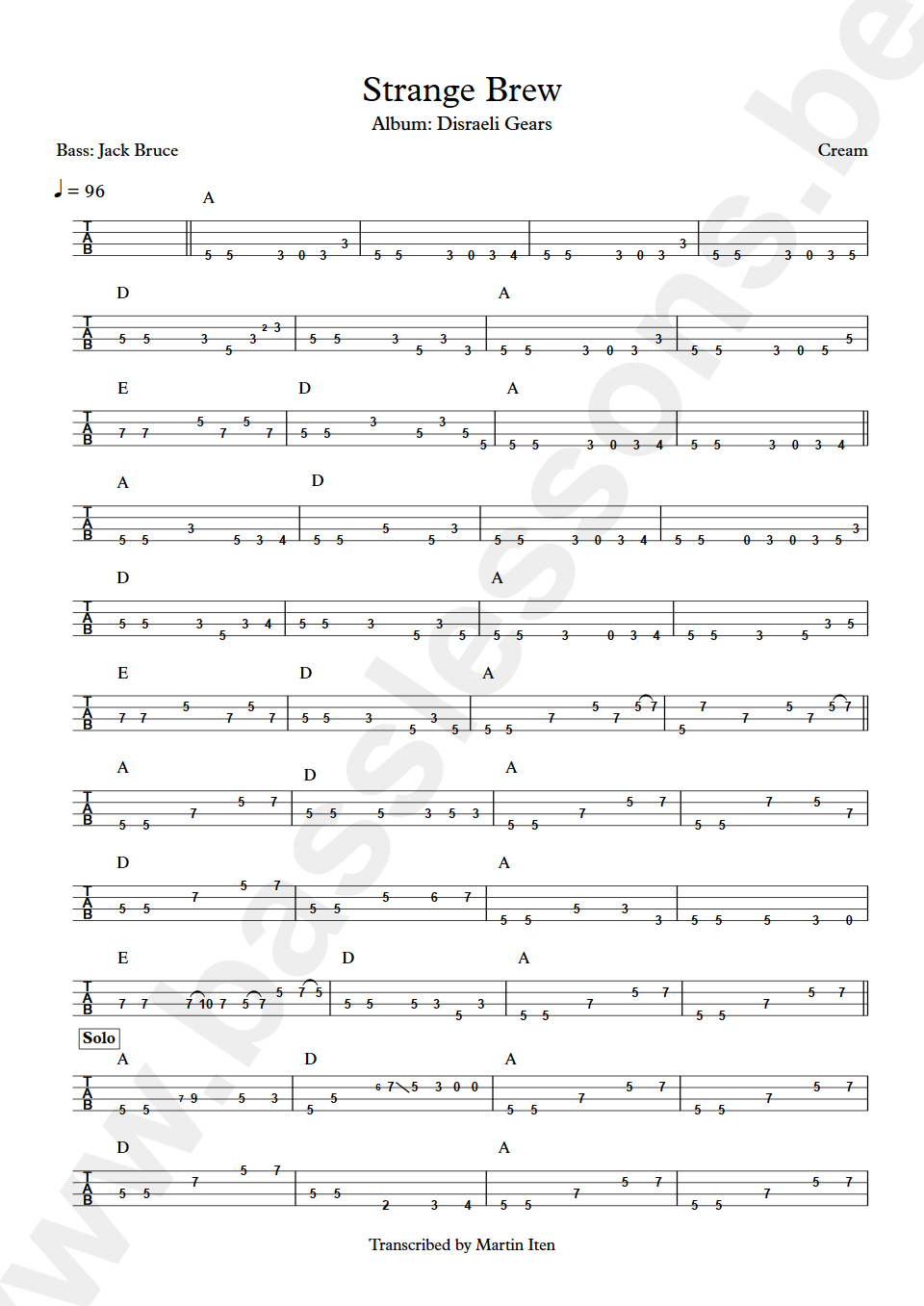 Cream Strange Brew Jack Bruce bass tab