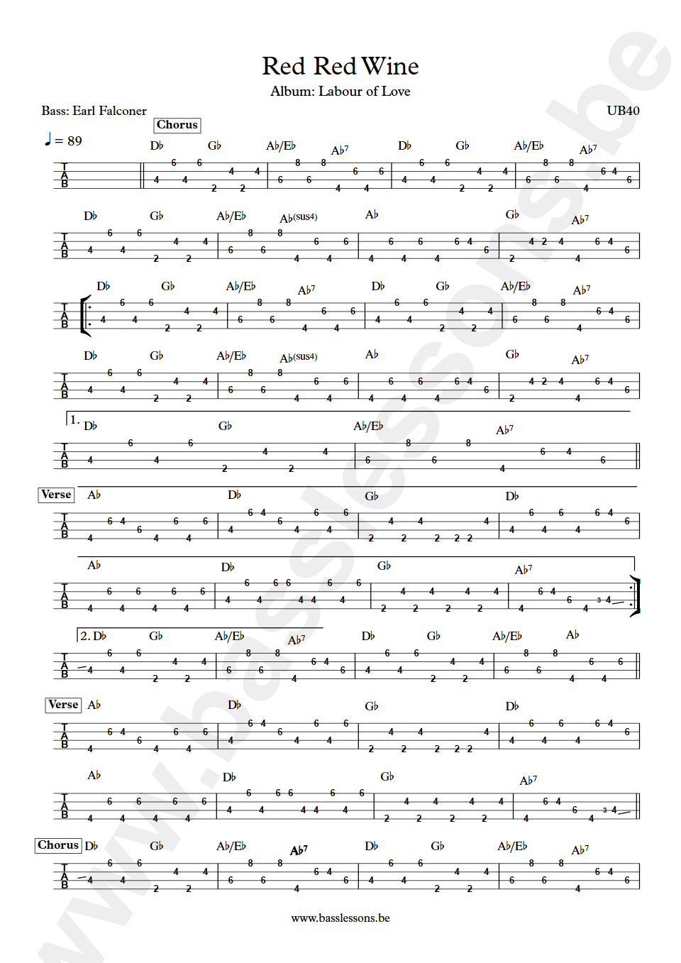 UB40 Red Red Wine Earl Falconer bass tab