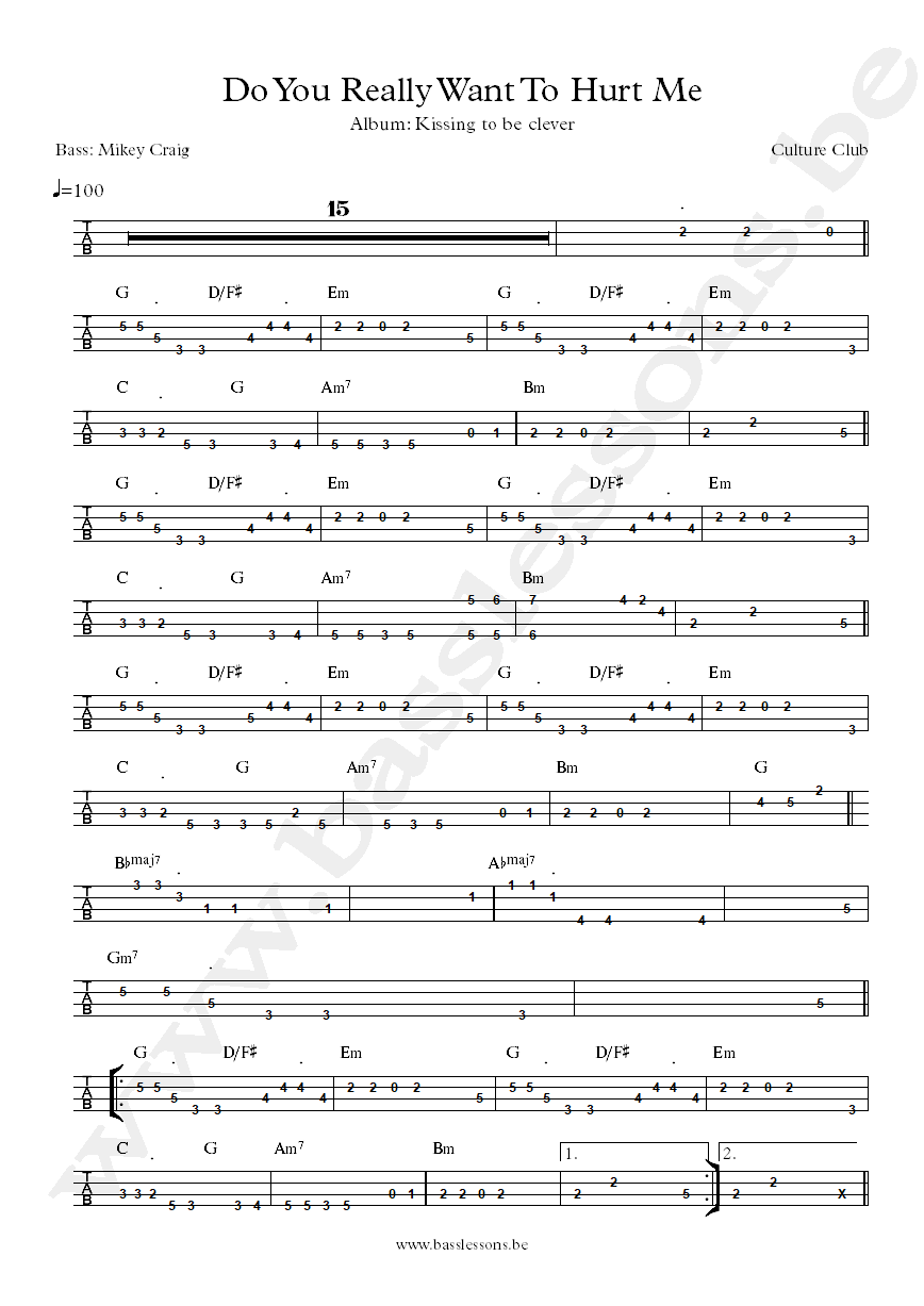 Culture Club Do you really want to hurt me bass tab