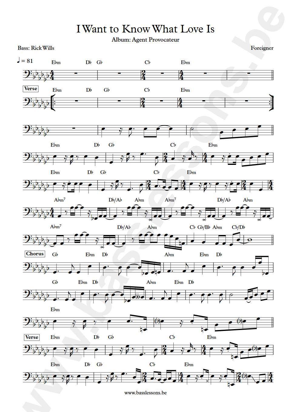 Foreigner I Want to Know What Love Is Rick Wills bass transcription