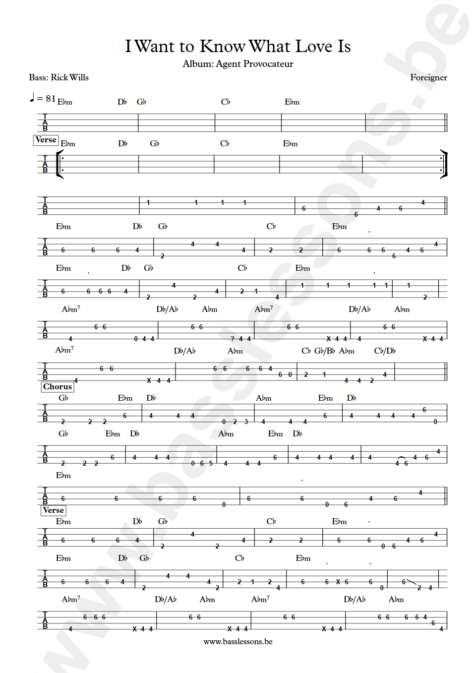 Foreigner I Want to Know What Love Is Rick Wills bass tab