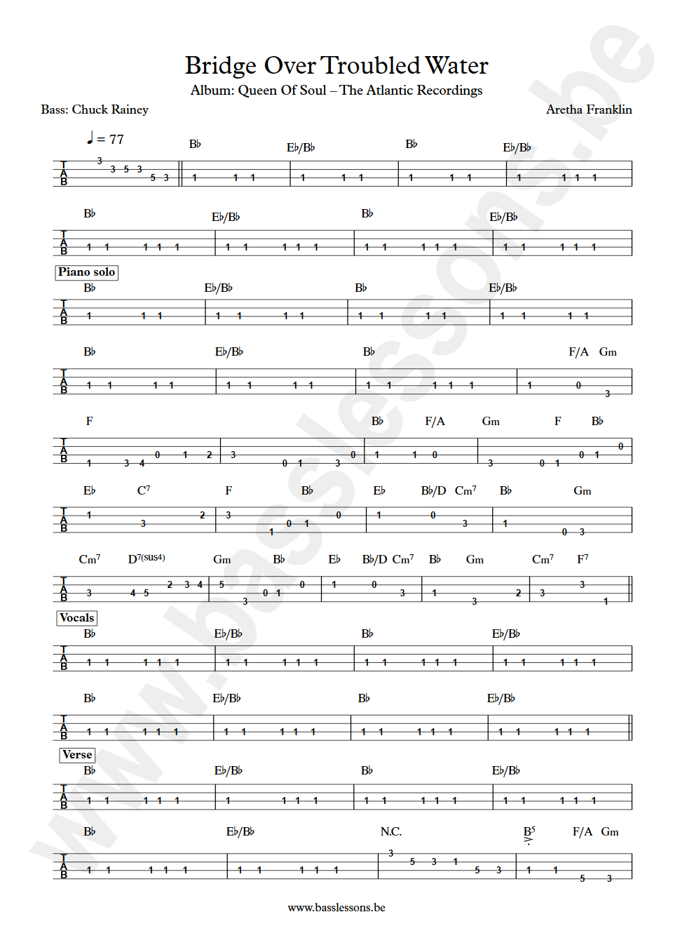 Aretha Franklin Bridge Over Troubled Water Chuck Rainey bass tab