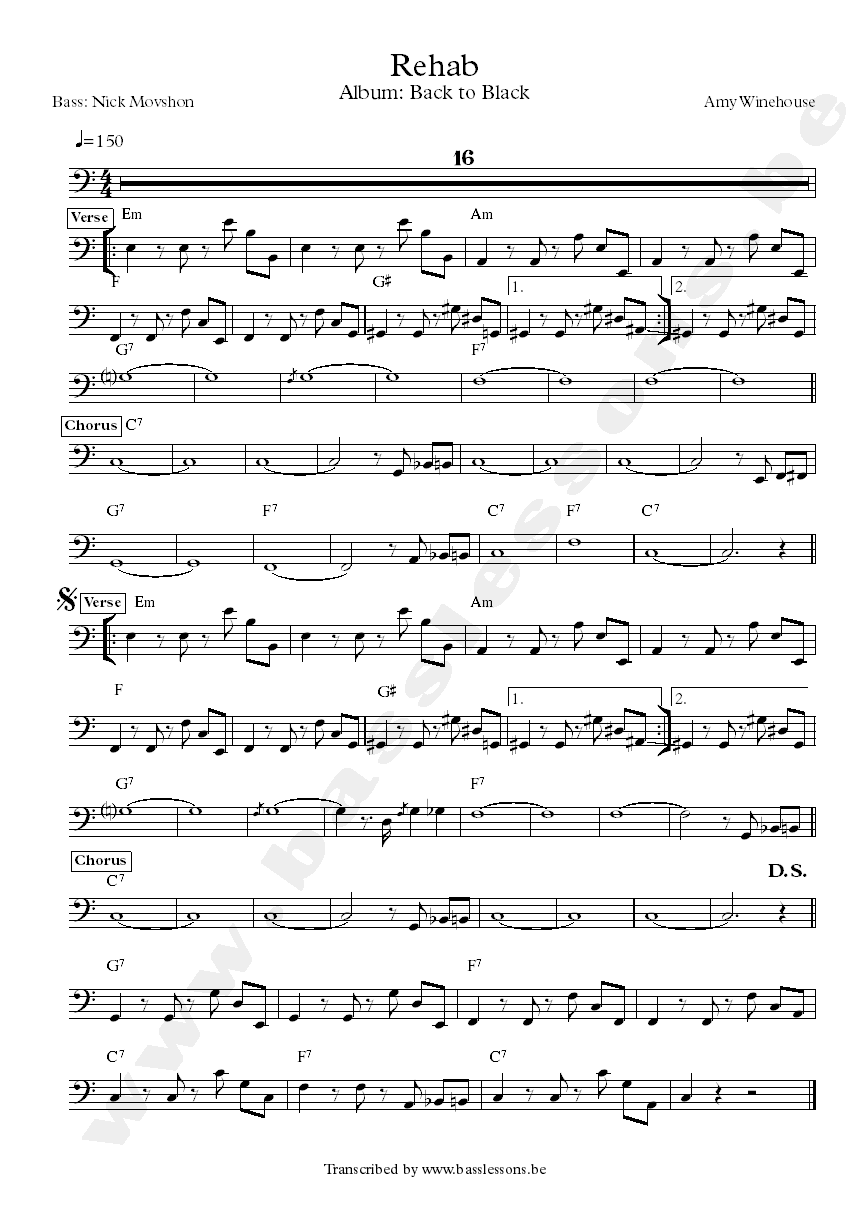 Amy Winehouse - Rehab - Bass Transcription