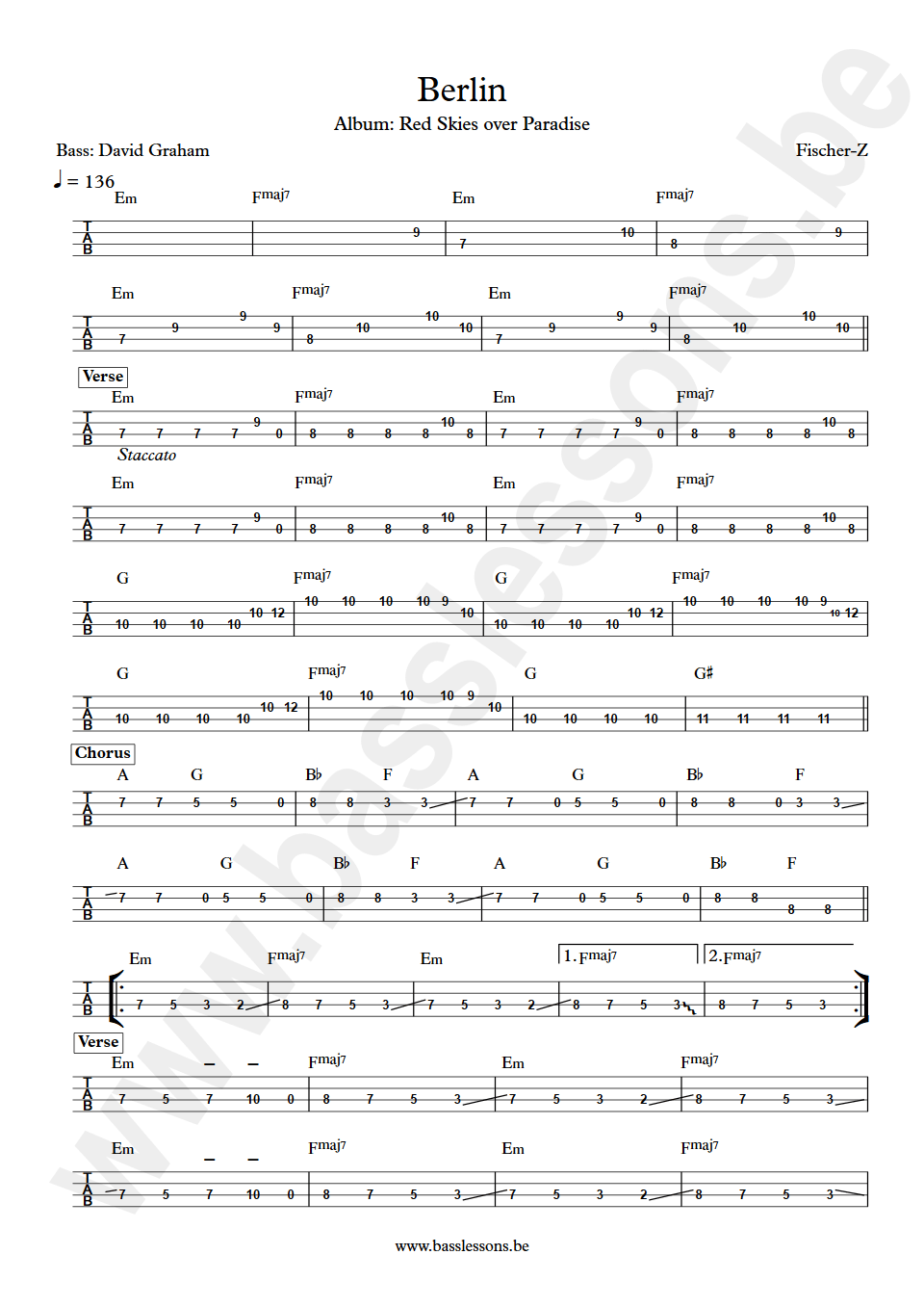 Fischer-Z Berlin David Graham bass tab