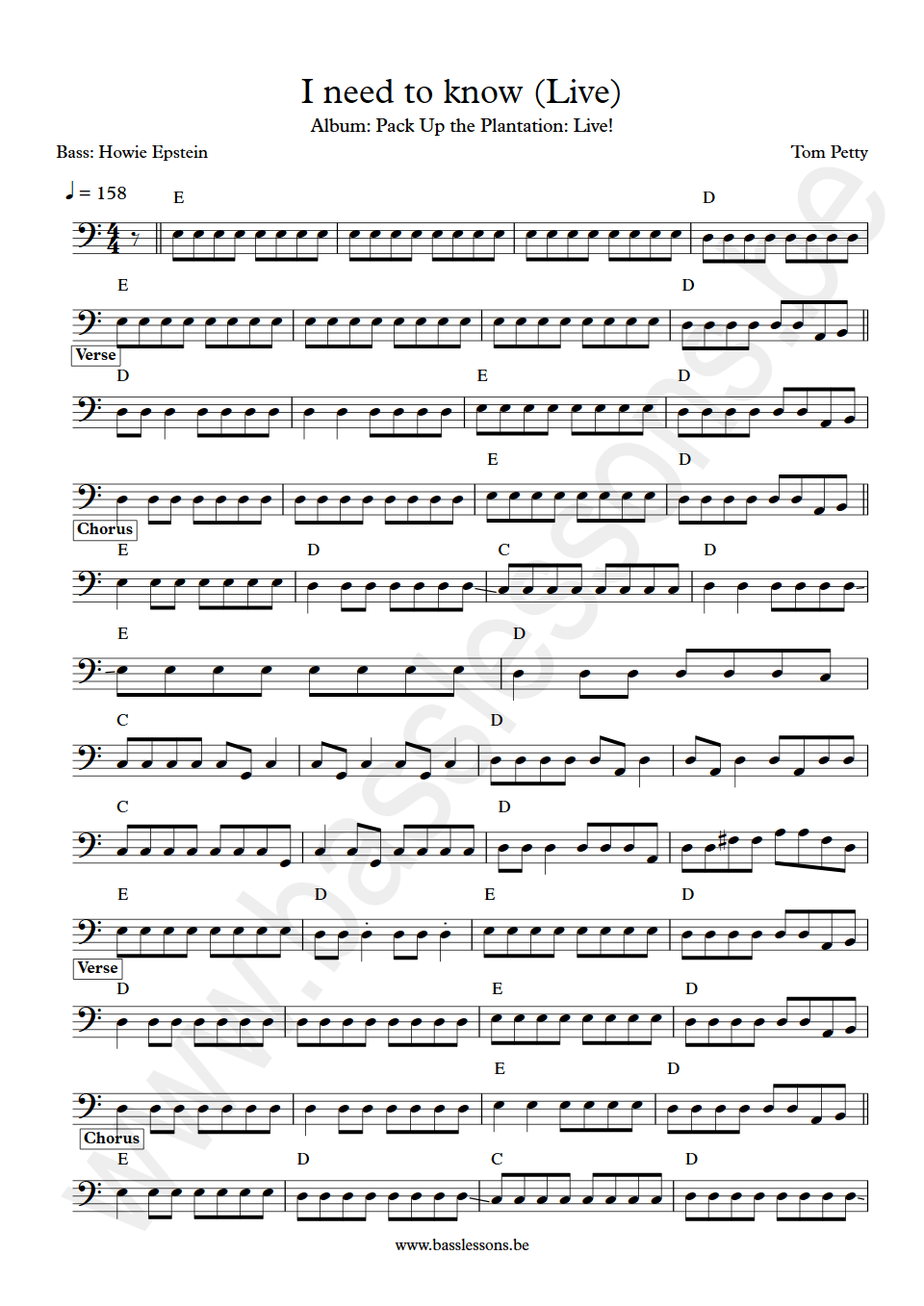 Tom Petty I need to know Howie Epstein bass transcription