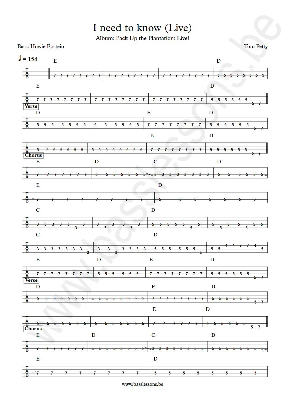 Tom Petty I need to know Howie Epstein bass tab