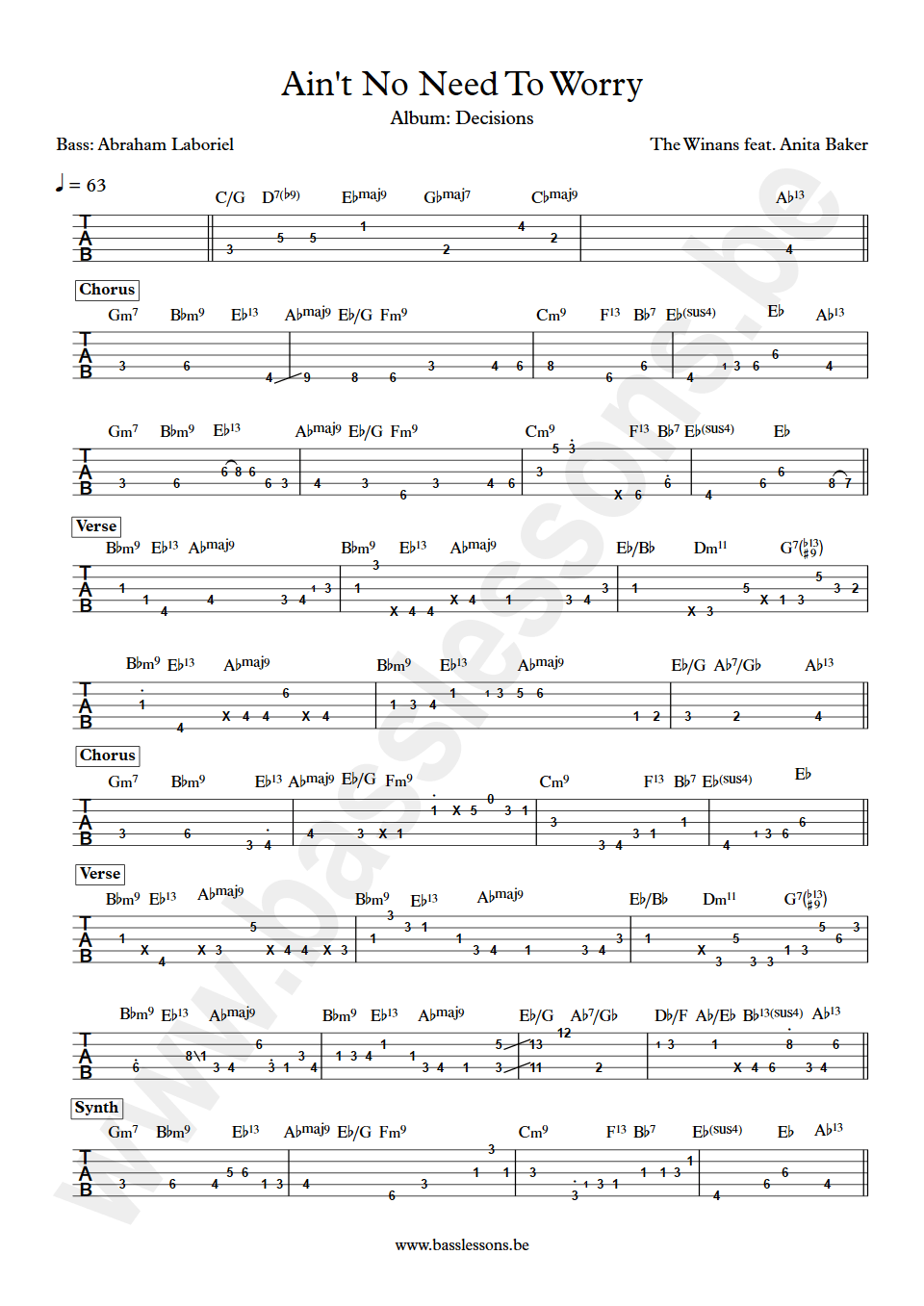 The Winans feat. Anita Baker  Ain't No Need To Worry Abraham Laboriel bass tab