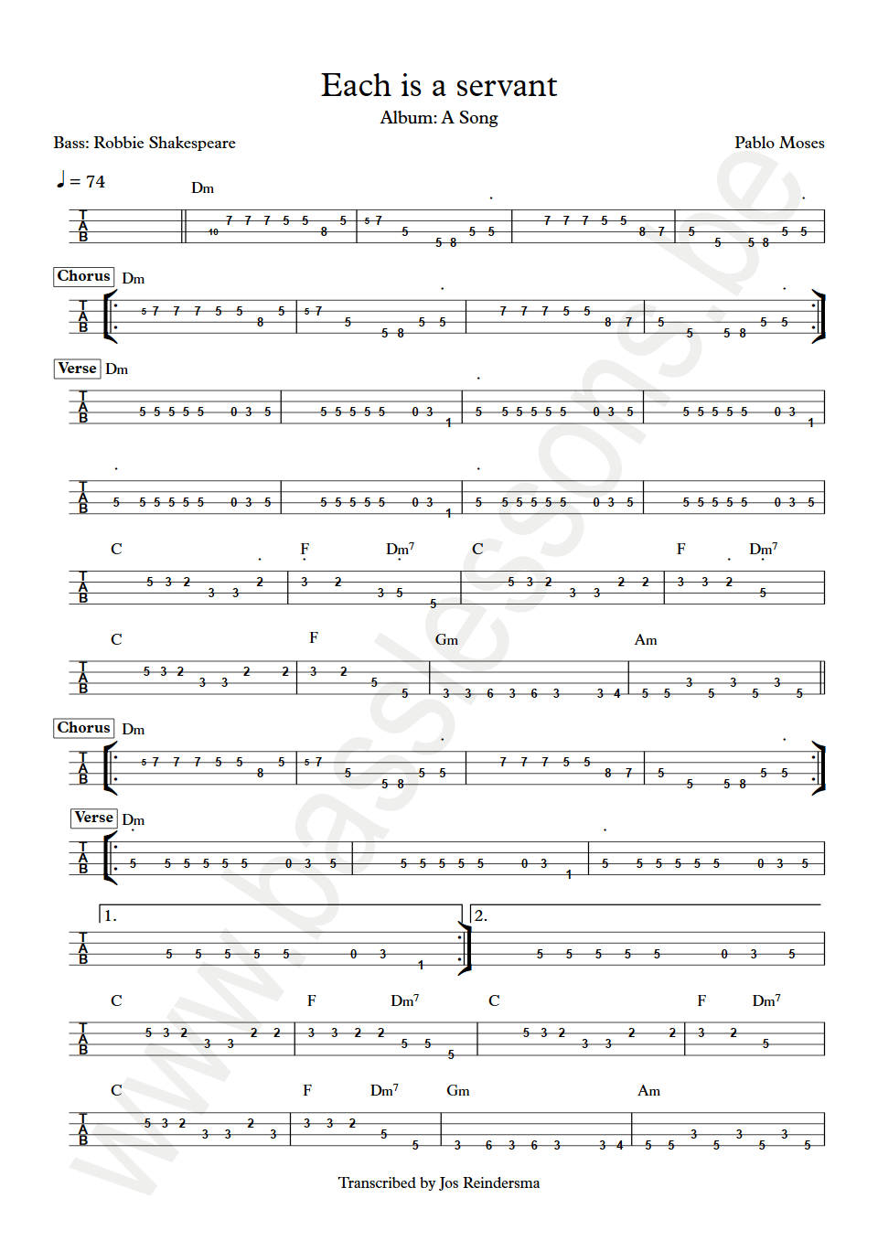 Pablo Moses Each is a servant Robbie Shakespeare bass tab