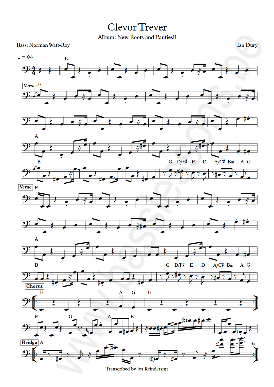 Ian Dury Clevor Trever Norman Watt-Roy bass transcription